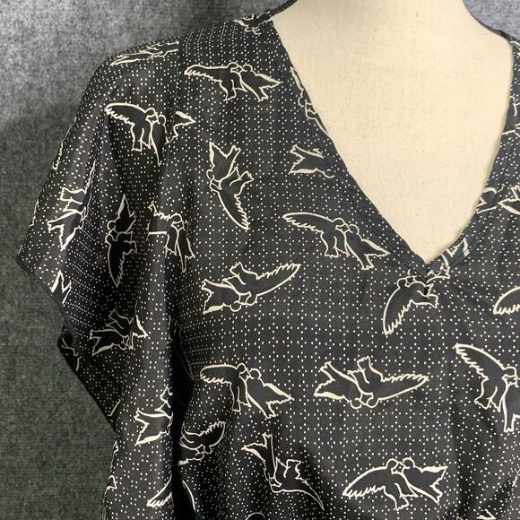 Everly Ruffled Sleeve Pullover Dress Black W/ Birds Short Light Wt Elastic Waist - Picture 5 of 12